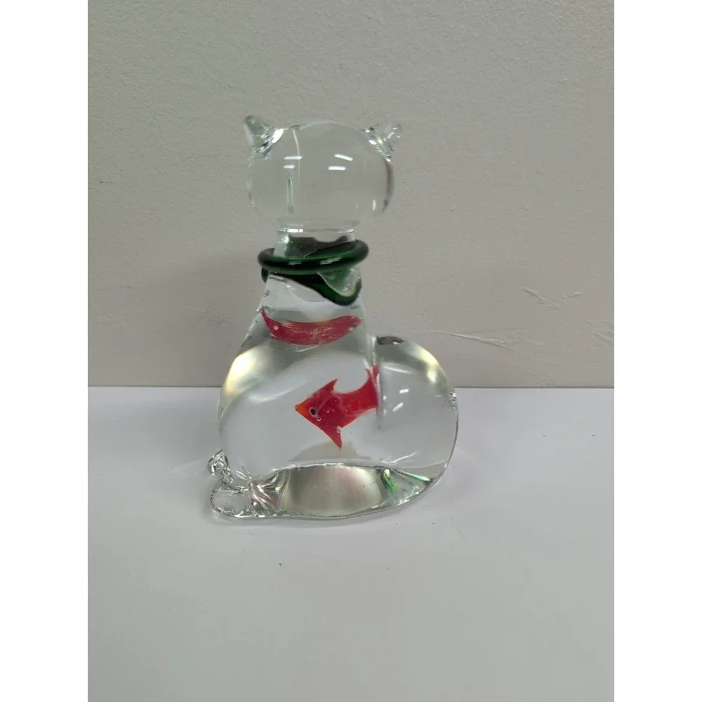 Studio Art‎ Glass Cat with Red Fish in Belly Green Bow Figurine Paperweight 5